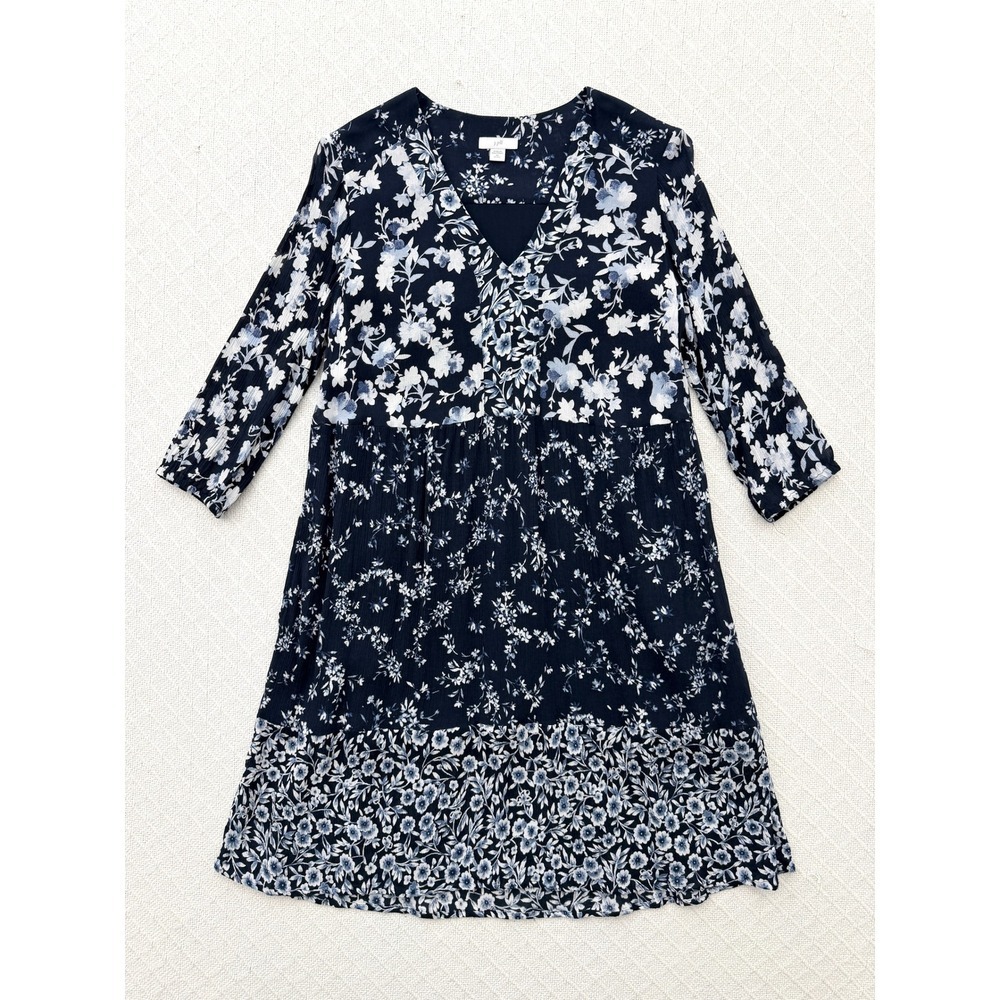 J.Jill Navy Blue Floral Tiered V-Neck Shift Dress Rayon 3/4 Sleeve Petite XS